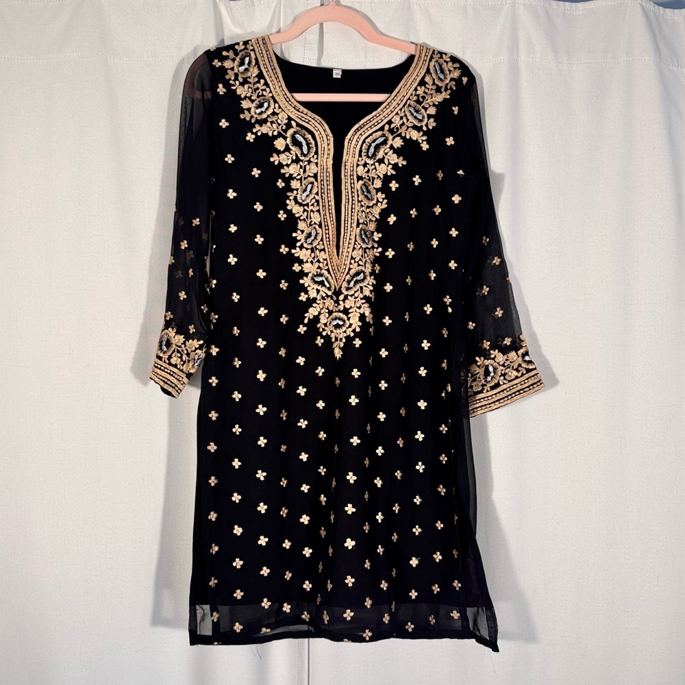 Boho Black Gold Embroidered Kurta Tunic Top